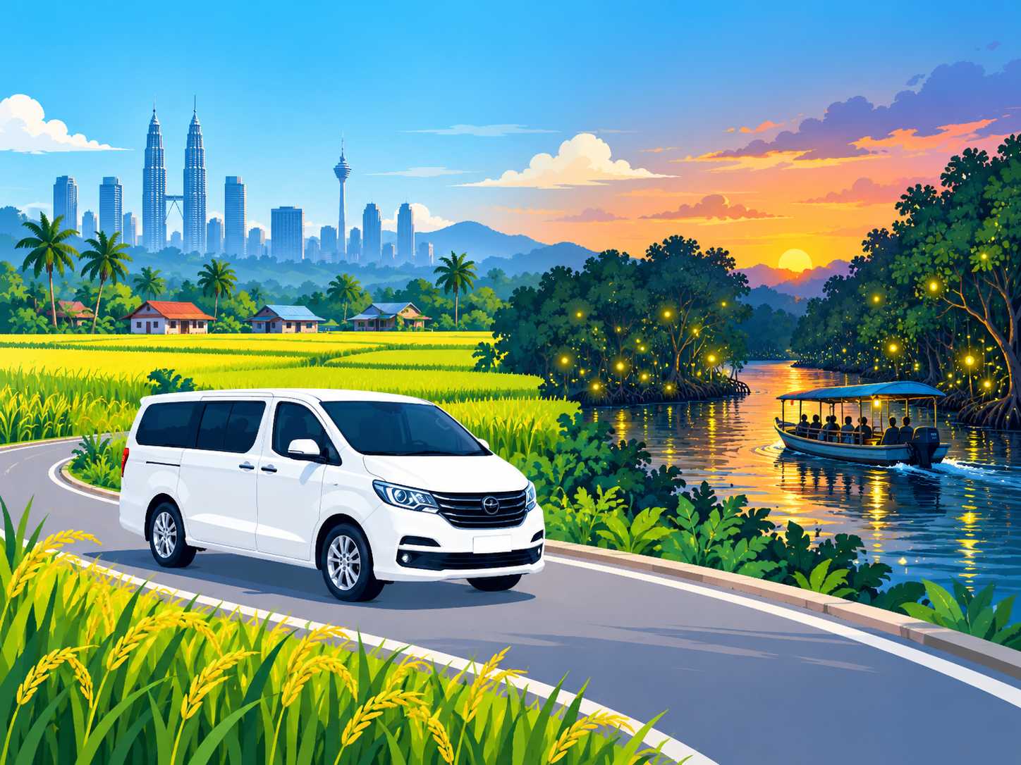 Private day trip from Kuala Lumpur to Sekinchan paddy fields and Kuala Selangor fireflies