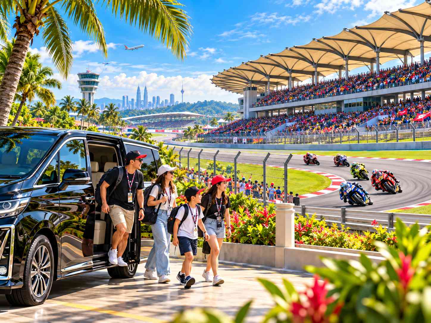 MotoGP race fans arriving by private MPV at Sepang International Circuit for the 2026 Malaysian Grand Prix