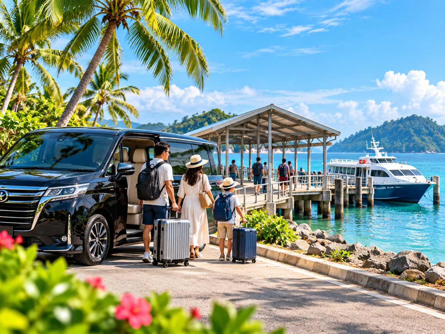 Private transfer vehicle arriving at Tanjung Gemok Jetty for a Tioman Island ferry connection from Kuala Lumpur