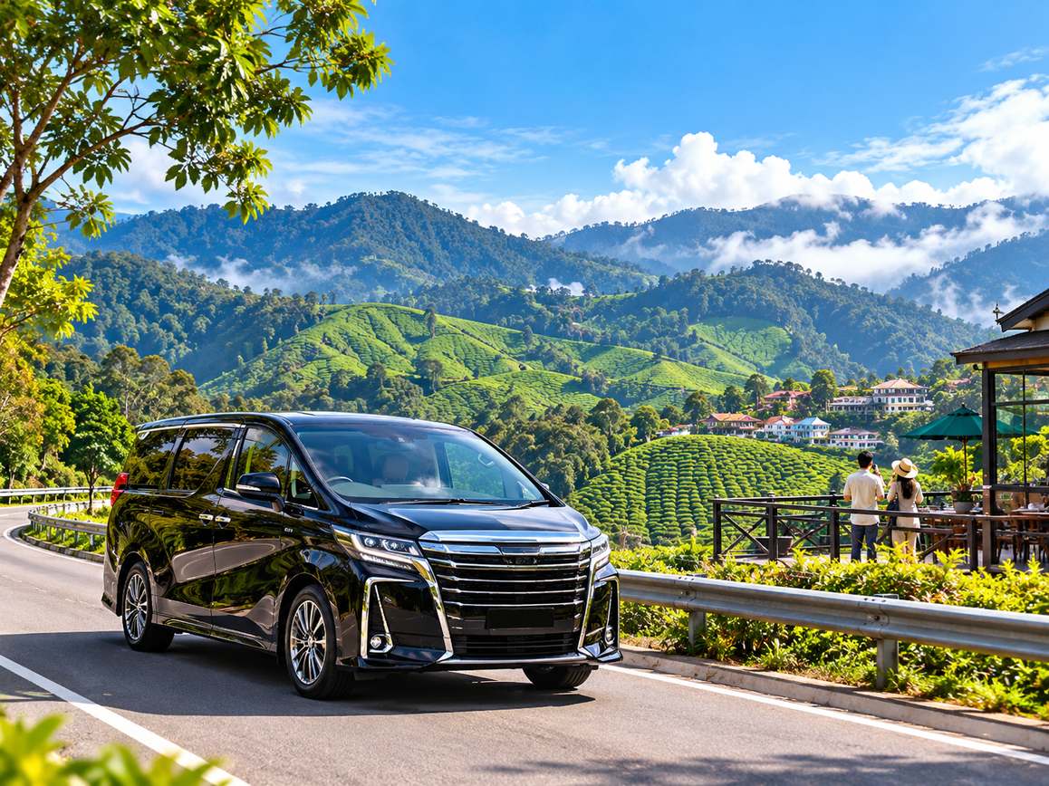Private transfer vehicle arriving in Cameron Highlands from Kuala Lumpur with travellers and tea-covered highland scenery
