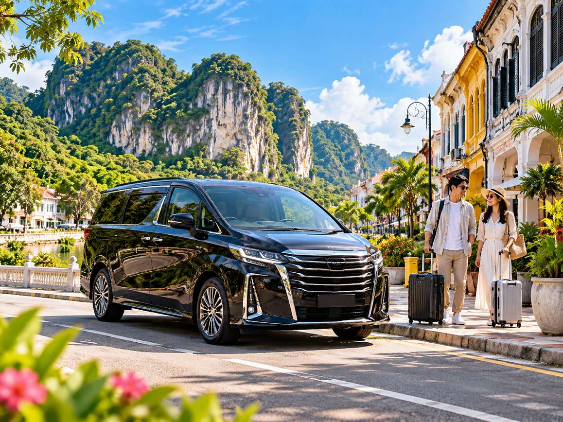 Private transfer vehicle arriving in Ipoh from Kuala Lumpur with travellers, luggage and limestone hills in the background