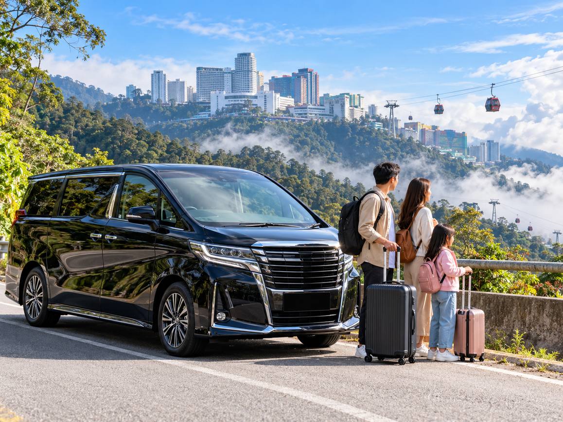 Private transfer vehicle arriving at Genting Highlands from Kuala Lumpur with travellers and mountain scenery