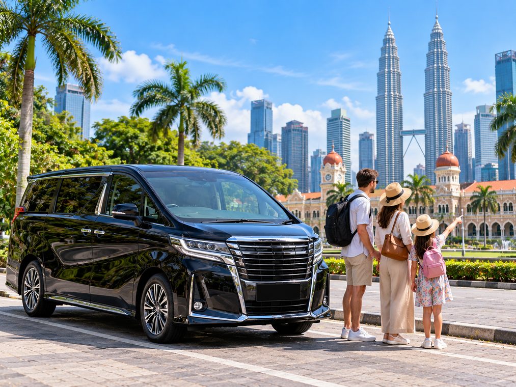 Private MPV with travellers on a half-day Kuala Lumpur city sightseeing tour near the city skyline