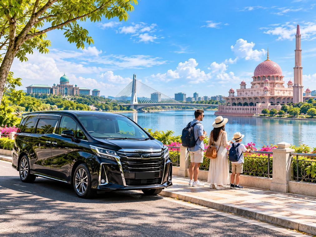 Private transfer vehicle with travellers sightseeing by Putra Mosque and Putrajaya Lake on a half-day trip from Kuala Lumpur