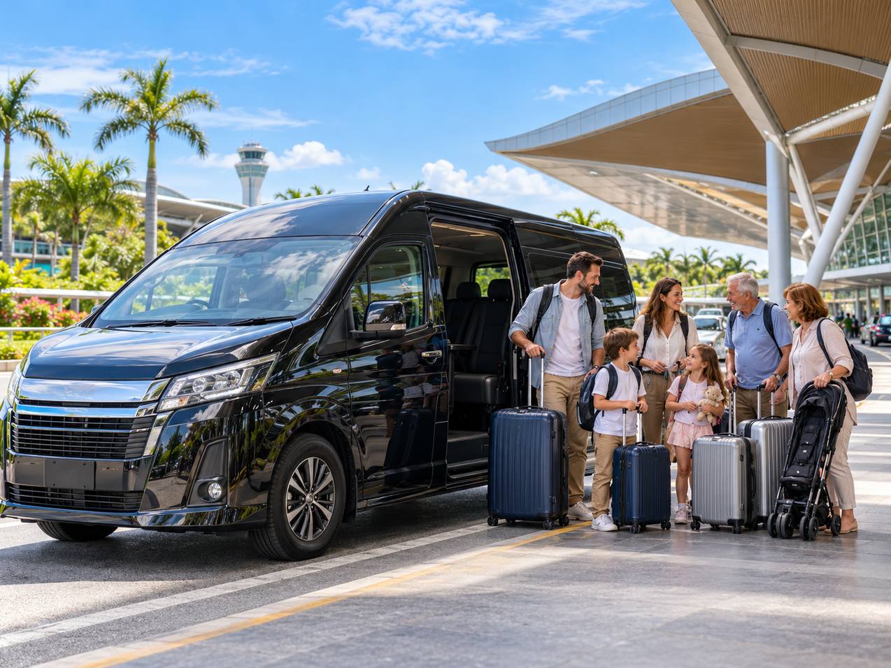 Family and group travellers with luggage beside a private van for a KLIA airport transfer